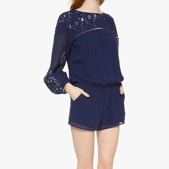Joie Navy Jevin Silk Romper Pockets Long Sheer Sleeves Floral Lace Short Jumper - Picture 7 of 15